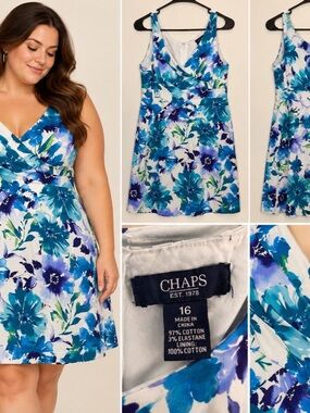 Chaps Floral Mini Dress Blue & White Size 16 Like New